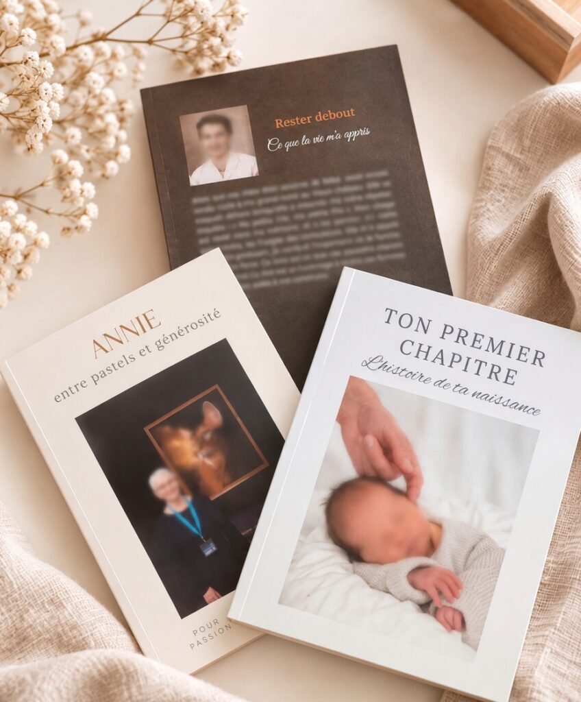 Trois livres réalisés : un récit de vie, un portrait et un livre de naissance